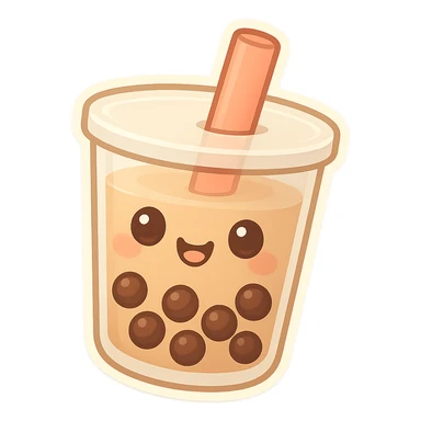 chibi sticker-style bubble tea with a smiling face, cute and exaggerated sticker