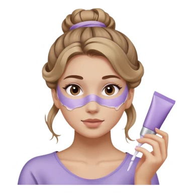 girl with wavy dark blonde hair messy bun applying lilac skincare mask sticker