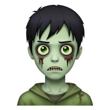 boy zombie with black hair, medium length, emo style, dark and spooky, green skin, creepy face sticker
