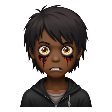 boy zombie with black medium-long emo shaggy hair, dark and spooky, creepy expression sticker