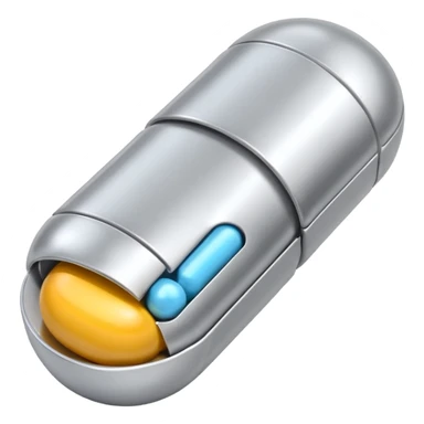 capsule pill emoji, metallic silver halves, smooth glossy finish, futuristic pharmaceutical 3D icon, isolated on white sticker