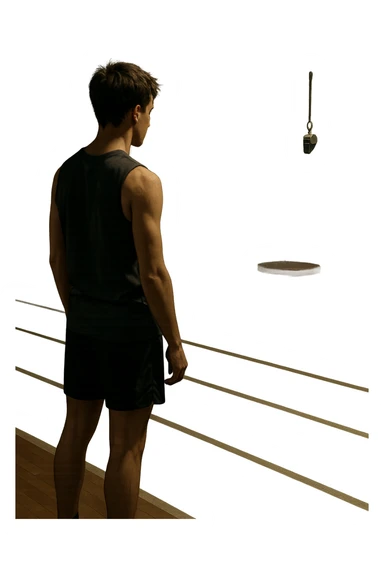 cinematic a person stands alone on a running track or in a fitness studio, glancing toward an empty coach’s chair or whistle hanging on a hook. The absence of the coach is emphasized by a faint, transparent silhouette or shadow where the coach should be. The atmosphere is quiet and a bit disheartened. in italiano sticker