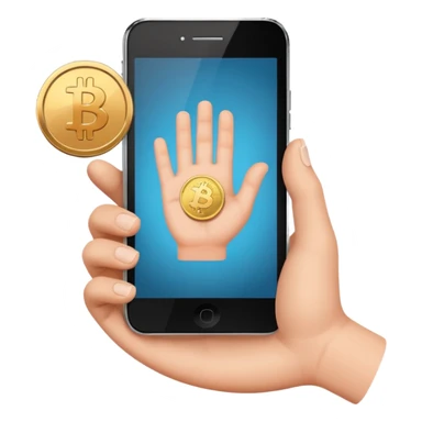 hand holding a phone showing a play icon and coin sticker