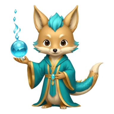 Chibi teal fox with gold mark on forehead, teal-gold robe, holding glowing blue water orbs, with dragon tail on its backside with small antler horns on its head sticker