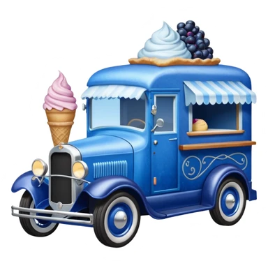 shiny-dark-blue crystal-bodied frozen blueberry muffin, pie, and ice cream, antique hot rod long-wheelbase durable-looking food truck  sticker