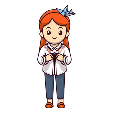 Ukrainian young girl in a white embroidered traditional shirt (vyshyvanka) holding origami paper crane sticker