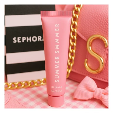 Close-up of a pink lip balm tube labeled 'Summer Fridays', with a Sephora bag and preppy pink accessories around it, bright and playful aesthetic sticker