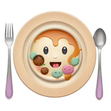 of a dirty plate after eating, leftover food scraps, sauce stains on the plate, small fork and spoon resting on the plate, slightly messy but funny, soft pastel colors, rounded shape, clean background, kawaii style, expressive and playful, high quality, emoji style sticker