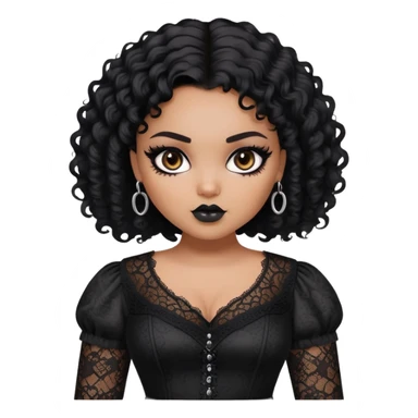 pretty bratz girl, fat pluz size, black curly short hair, brown eyes, black eyeliner, black skin, gothic lace clothes sticker