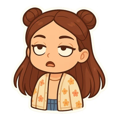 Create a chibi sticker of the girl from the reference image. She has brown straight hair styled in double buns, brown eyes, wearing a pastel floral cardigan and jeans. The expression is rolling her eyes as if saying 'oh my god'. The sticker should have a white outline and a transparent background, 512x512px. sticker