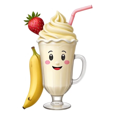 Milkshake vanilla with a banana sticking out of the milk shake it and two strawberries on both sides of the banana at the very tip of the banana, whipped cream and a smiley face sticker