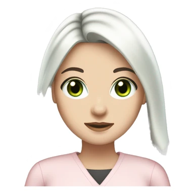 A pretty white girl with very long black hair and green eyes working in a light pink work attire sticker