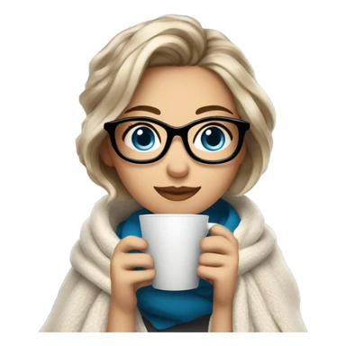 Balayage short hair Girl drinking coffee, with a cozy blanket wearing glasses with blue eyes beautiful  sticker