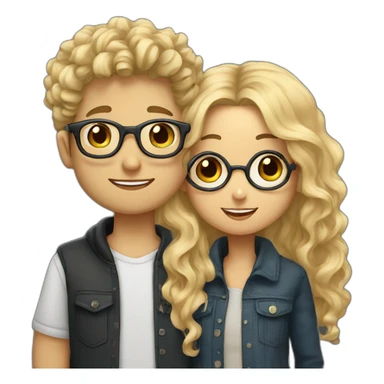 Boy with curly blonde hair and glasses kissing girl with wavy black hair and glasses sticker