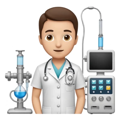 doctor character standing next to anesthesia machine, stethoscope, friendly expression, emoji style sticker