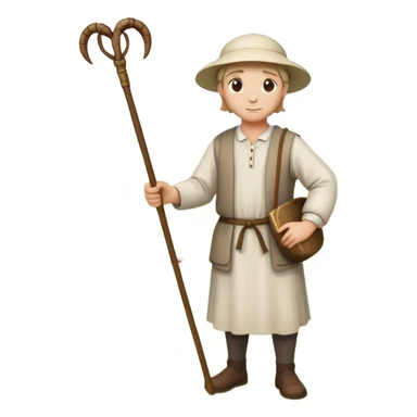 An emoji-style depiction of a shepherd. A person wearing simple, traditional clothing, holding a wooden staff (crook), standing near sheep or leading them. Often outdoors, in a field or hillside setting, symbolizing care, guidance, and rural life sticker