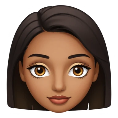 Dark olive skin, center rised eyebrows, very light smile so that lips are very close to liner and horizontal, some how liner eyes sticker