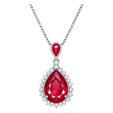 teardrop ruby pendant on silver chain, surrounded by white stones and radiant aura sticker