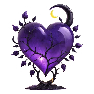 gothic heart made of purple glass with a crescent moon behind the heart, black rose petals falling, glowing stardust, forked lightning, stormy rain, fractured cracked glass texture sticker
