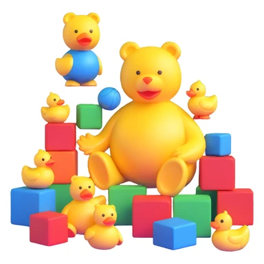 colorful scattered toys - teddy bear, rubber duck, blocks, ball, superhero figures sticker