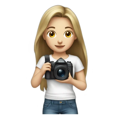 young very dark blond hair girl with camera and white T-shirt sticker