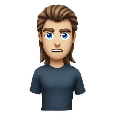 Angry, male, wearing a black shirt, has brown hair, has blue eyes, has long hair up to shoulders parted in the middle, shirt design says ADHD sticker