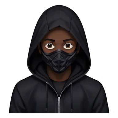 man with black hooded jacket and a full black full-face geometric mask with only black sticker