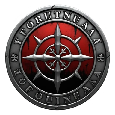 Minimal emoji, gothic metal coin made of black steel, engraved word FORTUNA at the center, ancient industrial aesthetic, worn metal texture, no glow, no neon, flat emoji design, centered, transparent background sticker