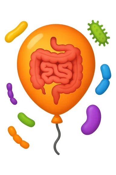 emoji stile iphone di un palloncino con intestino dentro e batteri intestinali intorno sticker