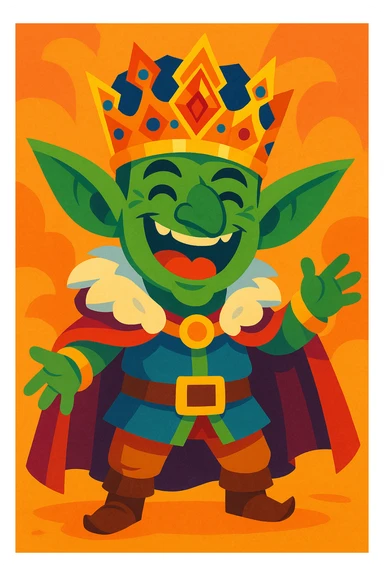 happy goblin king, vibrant fantasy, detailed crown, joyful expression sticker