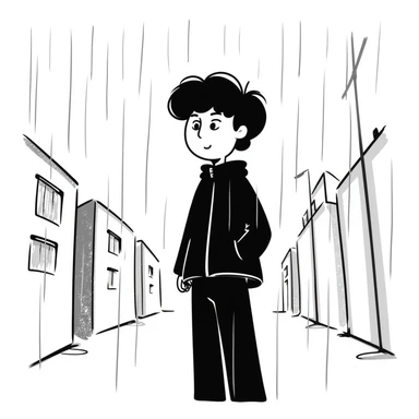 Anime boy protagonist standing in pouring rain, dramatic anime scene sticker