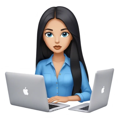 Glamours tanned very beautiful girl with pump nude lips and black straight smooth long hair, blue-grey eyes in beautiful clothing with MacBook. sticker