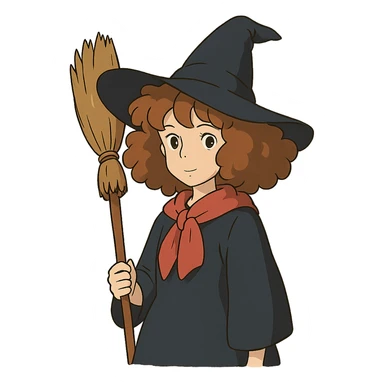 ghibli style witch with caramel brown curly hair sticker
