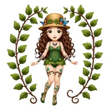 full body woman long curly brown hair brown eyes white skin tattoos wearing butterfly hat and glowing vine stockings sticker