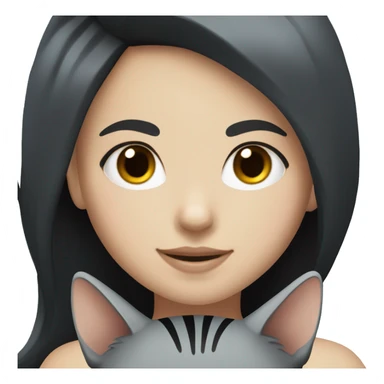 White skin girl with black hair and black eyes holding a grey cat and smiling  sticker