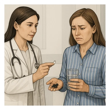 A realistic or illustrative style image of a doctor in a white coat handing medicine to a woman with symptoms. The woman holds pills and a glass of water, with a suffering or worried expression. The background is clinical, inspired by the reference image. sticker