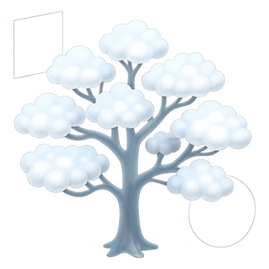 one tree with many branches, each branch covered with many small, very bright white, fluffy, convex clouds, matte glass style, saturated white color of clouds, minimalist background sticker