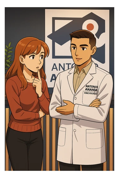 su questo stile fai un manga/webtoon a colori in cui una donna SI TOCCA IL MENTO MENTRE FA UNA DOMANDA ALL'UOMO, l'uomo della foto in stile manga LE SPIEGA CHE DEVE PROVARE LA SUA VALUTAZIONE MEDICA, mantieni un ambiente simile alla foto che ho allegato con il suo logo (sarebbe il suo studio, lui è un kinesiologo), scrivigli "ANTONIO ANANIA" sul camice bianco, non mettere fumetti, ma fai in modo che sembri che la donna CHIEDA E  l'uomo RISPONDA sticker