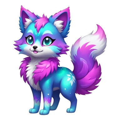 Vibrant multicolored neon-colored Falvie-Fionbri-creature-sparkle-feline-canine-hybrid-fursona, full body sticker