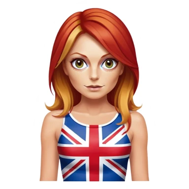 Geri Halliwell with red hair and blonde highlights wearing a short bodycon uk flag dress sticker