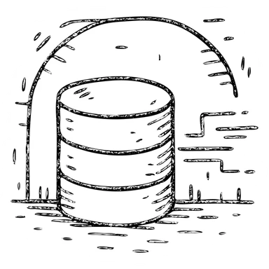 hand drawn outlined icon of stacked database cylinders in a basement or underground setting with abstract data streams, worn and distressed effect, detailed icon sticker
