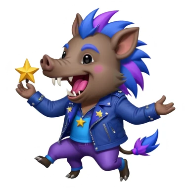 Sticker,A wild boar laughing loudly with a dark blue mohawk with purple and blue hues, wearing a black leather jacket, a wild boar with fangs, but not dangerous,  decorated with stars, ((cheerful, laugh)), surrounded by white outline, on transparent background sticker