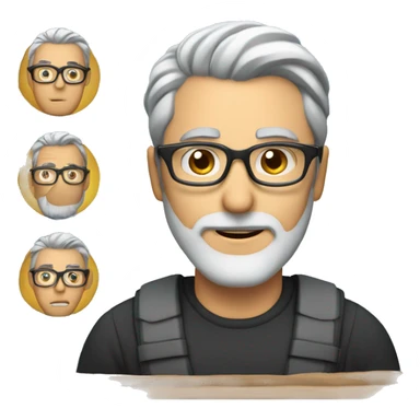 middle age man, blue photo, grey hair, short, black rectangle frame glasses, light beard sticker
