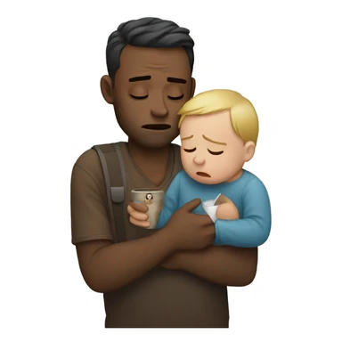 a man holding a baby with a coffee and crying sticker