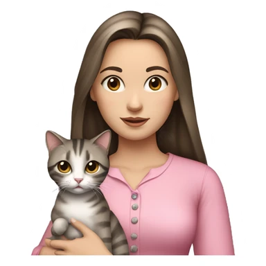 Brunette girl with straight hair in a pink blouse, holding a gray, striped, brown-eyed cat with a bow in her arms sticker