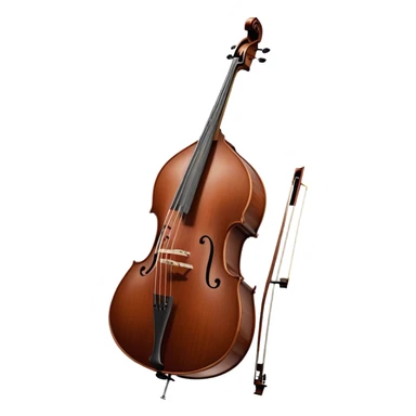 Create an elegant and detailed emoji representing a Gliga Gama double bass with bow. The design should showcase the large, sleek body of the double bass with its rich wood finish, including the characteristic curves and deep tone holes. The bow should be elegantly positioned next to the instrument, highlighting the hair and smooth wooden stick. Use warm wood tones like chestnut brown for the body of the bass, silver accents for the fittings, and dark brown for the bow. Add subtle musical notes or sound waves flowing from the bass to represent its deep, resonant sound. The background should be transparent. sticker
