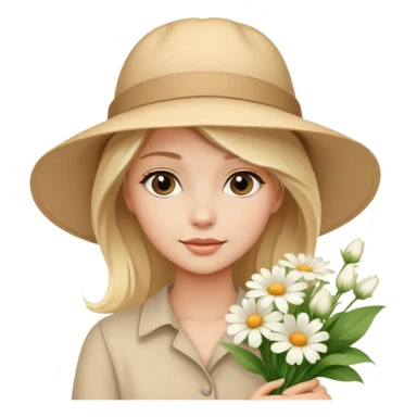 beautiful blonde girl in a summer beige hat with a bouquet of white flowers sticker