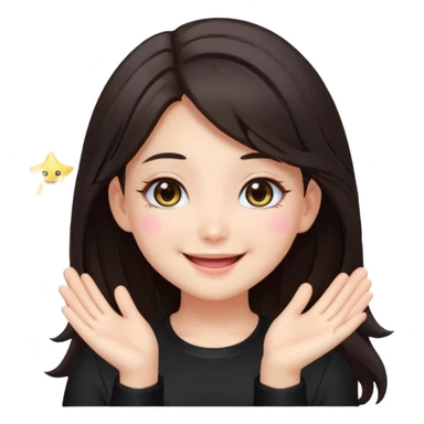 kawaii streamer girl, brunette, dark brown eyes, long dark hair, black outfit, smiling, sparkling eyes, blushing cheeks, happy expression, small stars around, emoji icon sticker