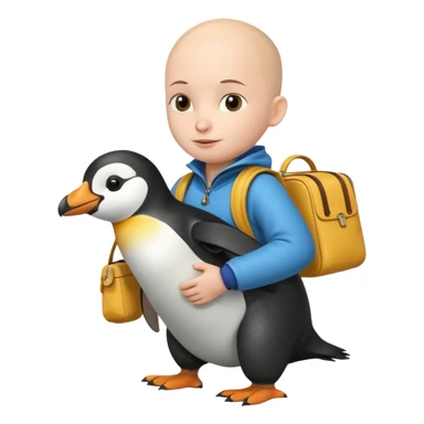 Una persona, vestida con ropa característica de peru sin pelo montado a espaldas de un pingüino con una bolsa de la empresa de reparto glovo en la espalda sticker