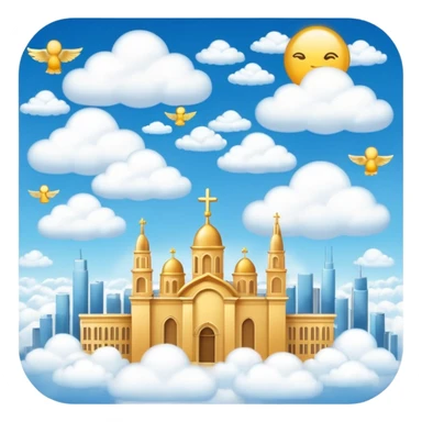 heaven with golden city skylines, angels soaring above, and fluffy clouds, emoji style sticker